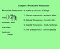 Chapter 3 Productive Resources Productive Resources - is made up of four ( 4) things 1. Human resources - workers, labor, skills 2. Natural Resources -