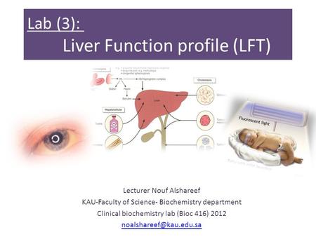 Lab (3): Liver Function profile (LFT) Lecturer Nouf Alshareef KAU-Faculty of Science- Biochemistry department Clinical biochemistry lab (Bioc 416) 2012.