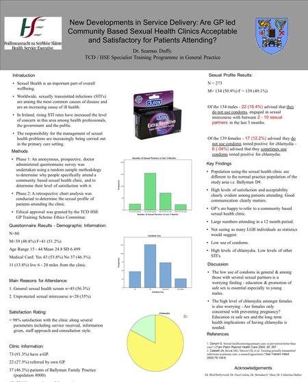 New Developments in Service Delivery: Are GP led Community Based Sexual Health Clinics Acceptable and Satisfactory for Patients Attending? Dr. Seamus Duffy.