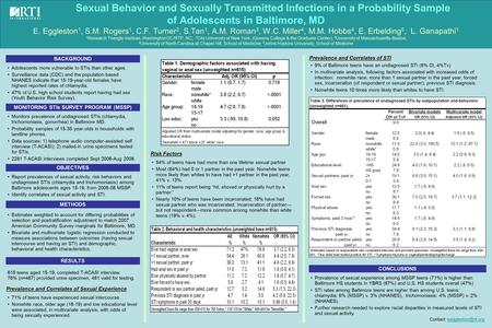 Sexual Behavior and Sexually Transmitted Infections in a Probability Sample of Adolescents in Baltimore, MD E. Eggleston 1, S.M. Rogers 1, C.F. Turner.