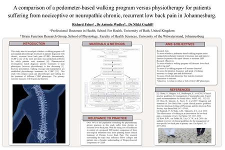 A comparison of a pedometer-based walking program versus physiotherapy for patients suffering from nociceptive or neuropathic chronic, recurrent low back.