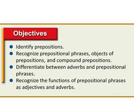 Objectives Identify prepositions.