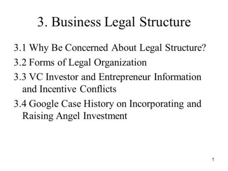 1 3. Business Legal Structure 3.1 Why Be Concerned About Legal Structure? 3.2 Forms of Legal Organization 3.3 VC Investor and Entrepreneur Information.