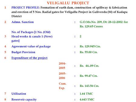 VELIGALLU PROJECT 1 PROJECT PROFILE: Formation of earth dam, construction of spillway & fabrication and erection of 5 Nos. Radial gates for Veligallu Project.