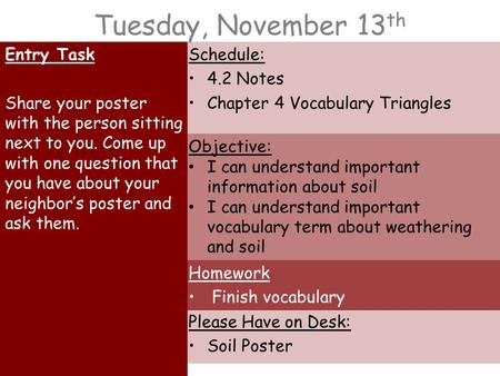 Tuesday, November 13 th Entry Task Share your poster with the person sitting next to you. Come up with one question that you have about your neighbor’s.