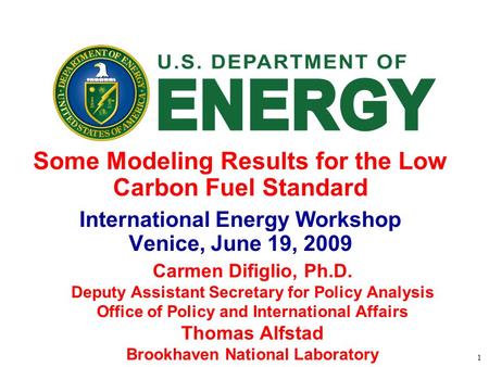 1 Some Modeling Results for the Low Carbon Fuel Standard International Energy Workshop Venice, June 19, 2009 Carmen Difiglio, Ph.D. Deputy Assistant Secretary.