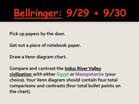 Pick up papers by the door. Get out a piece of notebook paper. Draw a Venn diagram chart. Indus River Valley civilization Compare and contrast the Indus.