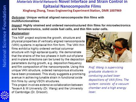 National Science Foundation Outcome: Unique vertical aligned nanocomposite thin films with multifunctionalities Impact: Highly strained and ordered nanostructured.