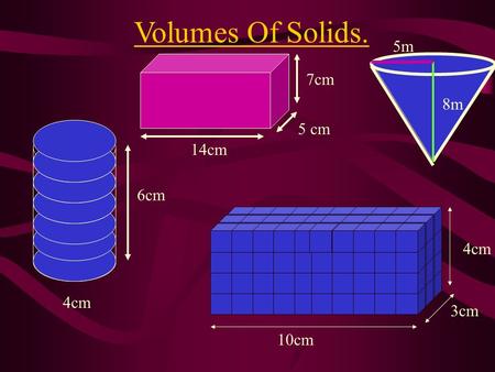 Volumes Of Solids. 14cm 5 cm 7cm 4cm 6cm 10cm 3cm 4cm 8m 5m.