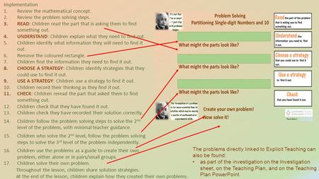 Implementation 1.Review the mathematical concept. 2.Review the problem solving steps. 3.READ: Children read the part that is asking them to find something.