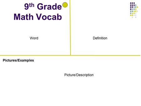 Pictures/Examples 9 th Grade Math Vocab Definition Picture/Description Word.