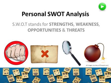 Personal SWOT Analysis S.W.O.T stands for STRENGTHS, WEAKNESS, OPPORTUNITIES & THREATS All images courtesy of [freepik.com]