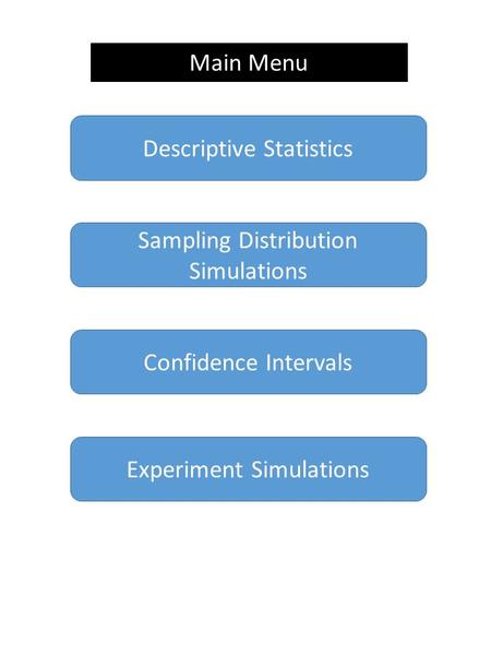 Descriptive Statistics Experiment Simulations Confidence Intervals Sampling Distribution Simulations Main Menu.