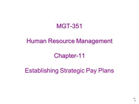 1– 1 MGT-351 Human Resource Management Chapter-11 MGT-351 Human Resource Management Chapter-11 Establishing Strategic Pay Plans.