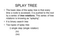 SPLAY TREE The basic idea of the splay tree is that every time a node is accessed, it is pushed to the root by a series of tree rotations. This series.