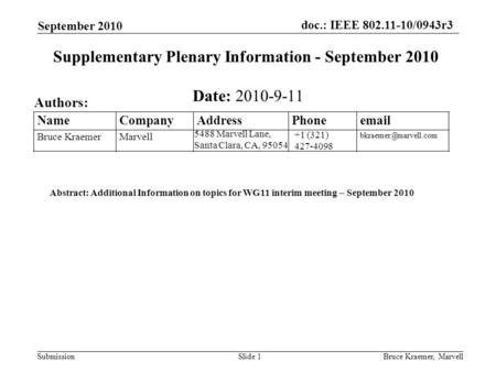 Doc.: IEEE 802.11-10/0943r3 Submission September 2010 Bruce Kraemer, MarvellSlide 1 +1 (321) 427-4098 5488 Marvell Lane, Santa Clara, CA, 95054 Name Company.