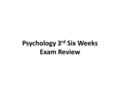 Psychology 3 rd Six Weeks Exam Review. Sleep and Dreams Ch. 7 Sec. 1 (p. 182) EEG Stages of Sleep (4) REM Sleep Purpose of Sleep Circadian Rhythm Insomnia.