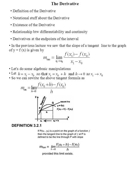 The Derivative Definition of the Derivative Notational stuff about the Derivative Existence of the Derivative Relationship btw differentiability and continuity.