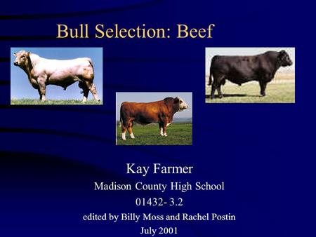 Bull Selection: Beef Kay Farmer Madison County High School 01432- 3.2 edited by Billy Moss and Rachel Postin July 2001.