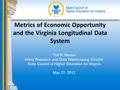 Metrics of Economic Opportunity and the Virginia Longitudinal Data System Tod R. Massa Policy Research and Data Warehousing Director State Council of Higher.