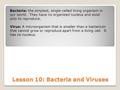 Lesson 10: Bacteria and Viruses Bacteria: the simplest, single-celled living organism in our world. They have no organized nucleus and exist only to reproduce.