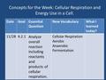 Concepts for the Week: Cellular Respiration and Energy Use in a Cell. DateGoalEssential Question New VocabularyWhat I learned today? 11/284.2.1 Analyze.