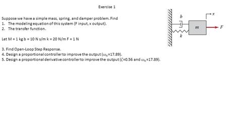 Exercise 1 Suppose we have a simple mass, spring, and damper problem. Find The modeling equation of this system (F input, x output). The transfer function.