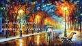 Leonid Afremov painting on oil canvas. Describee There is purple, blue, yellow, orange, green, black, brown, sliver, white, etc. The lines in the picture.