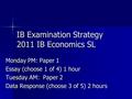 IB Examination Strategy 2011 IB Economics SL Monday PM: Paper 1 Essay (choose 1 of 4) 1 hour Tuesday AM: Paper 2 Data Response (choose 3 of 5) 2 hours.