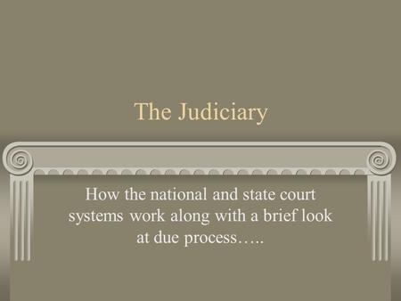 The Judiciary How the national and state court systems work along with a brief look at due process…..