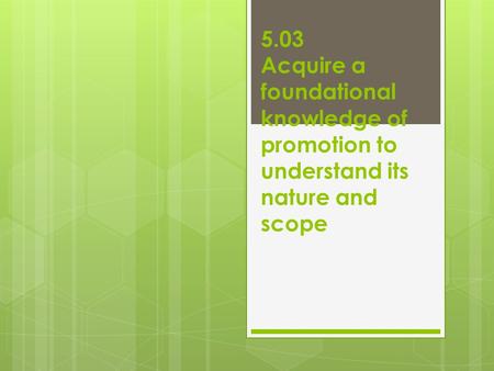 5.03 Acquire a foundational knowledge of promotion to understand its nature and scope.