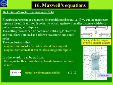 1 16. Maxwell’s equations 16.1. Gauss’ law for the magnetic field Electric charges can be separated into positive and negative. If we cut the magnet to.