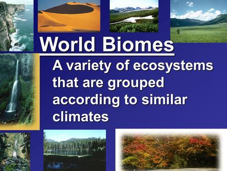 World Biomes A variety of ecosystems that are grouped according to similar climates.