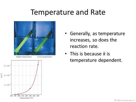 © 2009, Prentice-Hall, Inc. Temperature and Rate Generally, as temperature increases, so does the reaction rate. This is because k is temperature dependent.