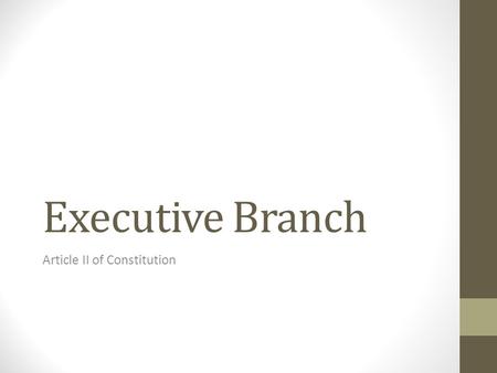 Executive Branch Article II of Constitution. Requirements 35 years old Natural Born Citizen 14 year resident No more then two terms (10 years)