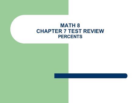 MATH 8 CHAPTER 7 TEST REVIEW PERCENTS. 1.Use the percent equation to answer the question. 24 is what percent of 40? A)40%B)24% C) 60%D) % 24 40.