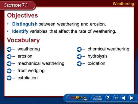 Objectives Distinguish between weathering and erosion. Weathering Identify variables that affect the rate of weathering. –weathering –erosion –mechanical.