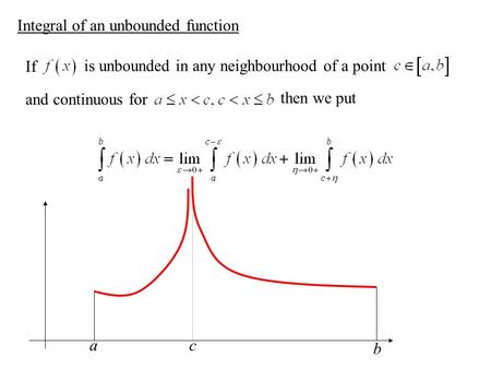 Integral of an unbounded function If is unbounded in any neighbourhood of a point and continuous for then we put a b c.