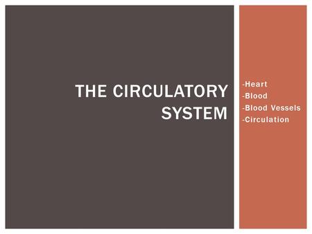 -Heart -Blood -Blood Vessels -Circulation THE CIRCULATORY SYSTEM.