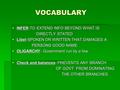 VOCABULARY  INFER-TO EXTEND INFO BEYOND WHAT IS DIRECTLY STATED DIRECTLY STATED  Libel-SPOKEN OR WRITTEN THAT DAMAGES A PERSONS GOOD NAME PERSONS GOOD.