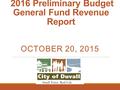 2016 Preliminary Budget General Fund Revenue Report OCTOBER 20, 2015.