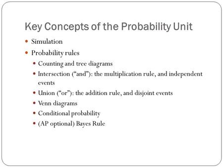 Key Concepts of the Probability Unit Simulation Probability rules Counting and tree diagrams Intersection (“and”): the multiplication rule, and independent.