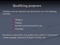 Qualifying purposes Institution must be organized and operated for one of the following purposes: Religious Religious Hospital Hospital Scientific (personal.