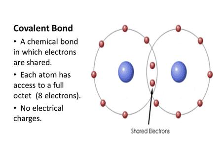 Covalent Bond A chemical bond in which electrons are shared. Each atom has access to a full octet (8 electrons). No electrical charges.