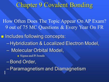 1 Chapter 9 Covalent Bonding n Includes following concepts: –Hybridization & Localized Electron Model, – Molecular Orbital Model, n Sigma and Pi bonds.