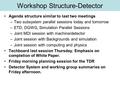 Workshop Structure-Detector Agenda structure similar to last two meetings –Two subsystem parallel sessions today and tomorrow –ETD, DGWG, Simulation Parallel.