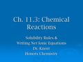 Ch. 11.3: Chemical Reactions Solubility Rules & Writing Net Ionic Equations Dr. Knorr Honors Chemistry.