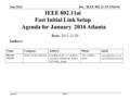 Doc.: IEEE 802.11-15-1536-01 Agenda Jan 2016 Slide 1 IEEE 802.11ai Fast Initial Link Setup Agenda for January 2016 Atlanta Date: 2015-12-20 Authors: NameCompanyAddressPhoneemail.