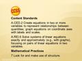 Content Standards A.CED.2 Create equations in two or more variables to represent relationships between quantities; graph equations on coordinate axes with.