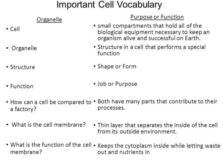 Important Cell Vocabulary